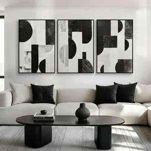 Abstract Black White and Grey Wall Art Framed Geometry Canvas Print Modern Contemporary Edgy Block Artwork for Living Room, Bedroom, Office Decor - Set of 3, 16x24 Inch (Ready to Hang)