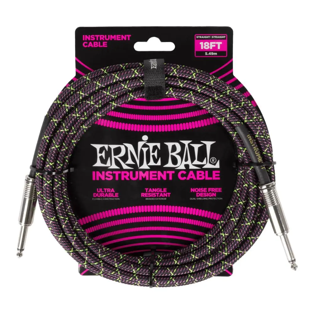Ernie Ball Braided Jacket Exterior Dual-Conductors Musical Instrument Cable, Straight Plug Connectors, 18ft Purple Python, Noise-Free Design, Superior Components, All Seasons Compatible