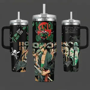 Zoro 40oz Tumbler With Handle, OP Anime Insulated Travel Mug, Stainless Steel Cup with Straw, Gift for Anime Fans