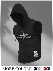 Men's American Religious Style Sleeveless Hoodie Vest, Redeemed Cross Print, Casual Streetwear, Faith Symbol, Muscle Training Fitness, Fall Fashion, Workout Vest