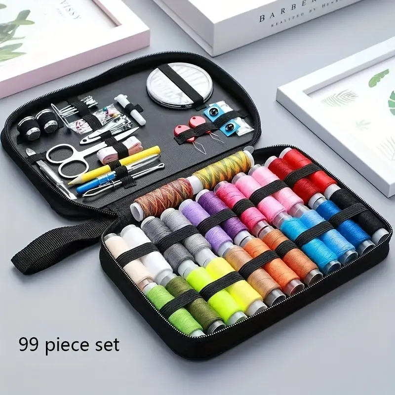Portable Multifunctional Sewing Tool Set - 99 Piece Mixed Color Complete Kit with Thread Needle Scissors Buttons & Accessories BY1003274