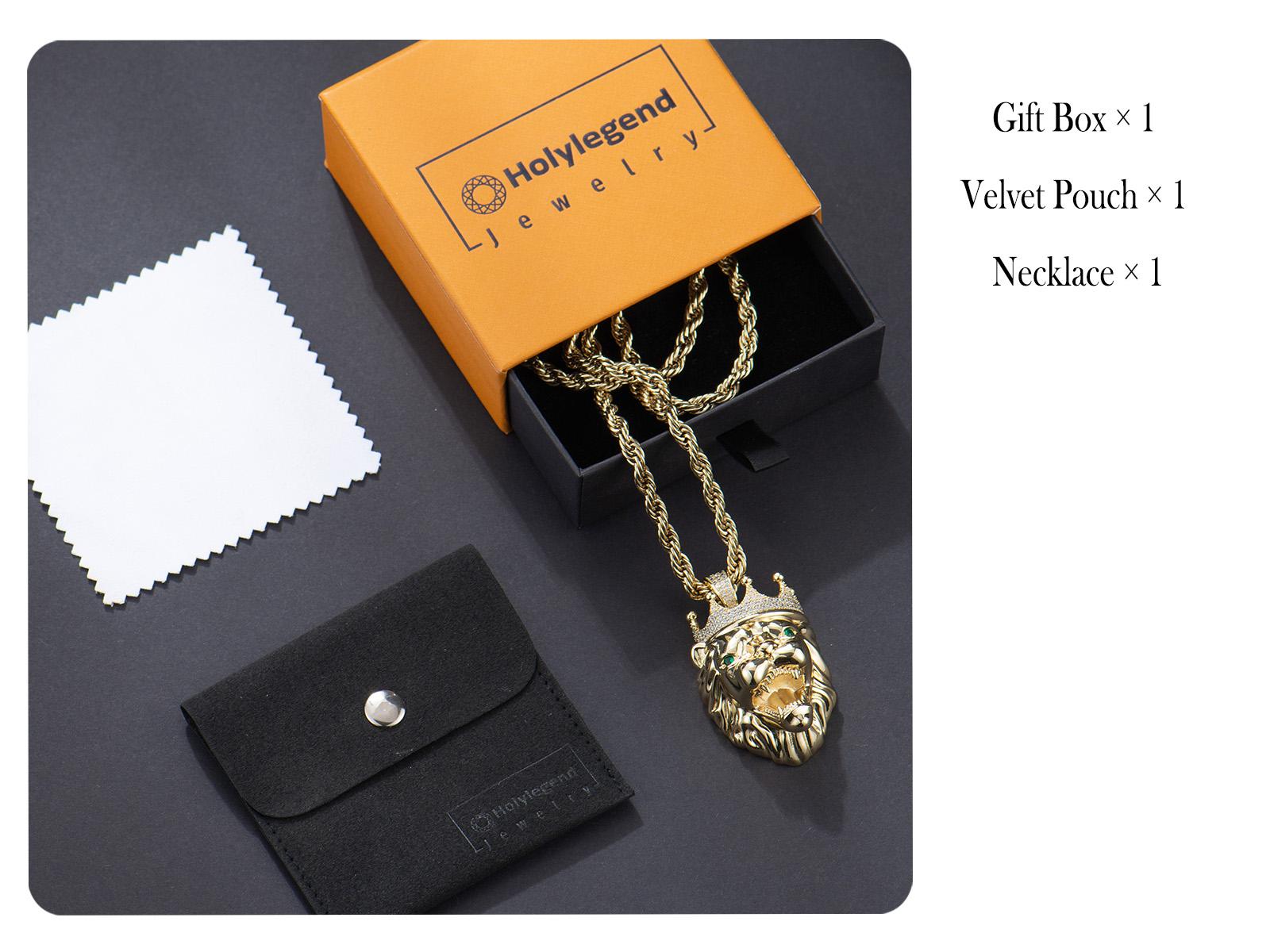 Holylegend 14K Gold-Plated Lion Head Pendant Necklace with CZ Diamond Crown, Emerald Eyes