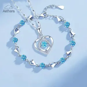 Trendy 925 Sterling Silver Heart Shaped Necklace Bracelet Set for Women, Vintage Korean Crystal Bracelets High Quality Set Party Jewelry Valentine’s Day gift.