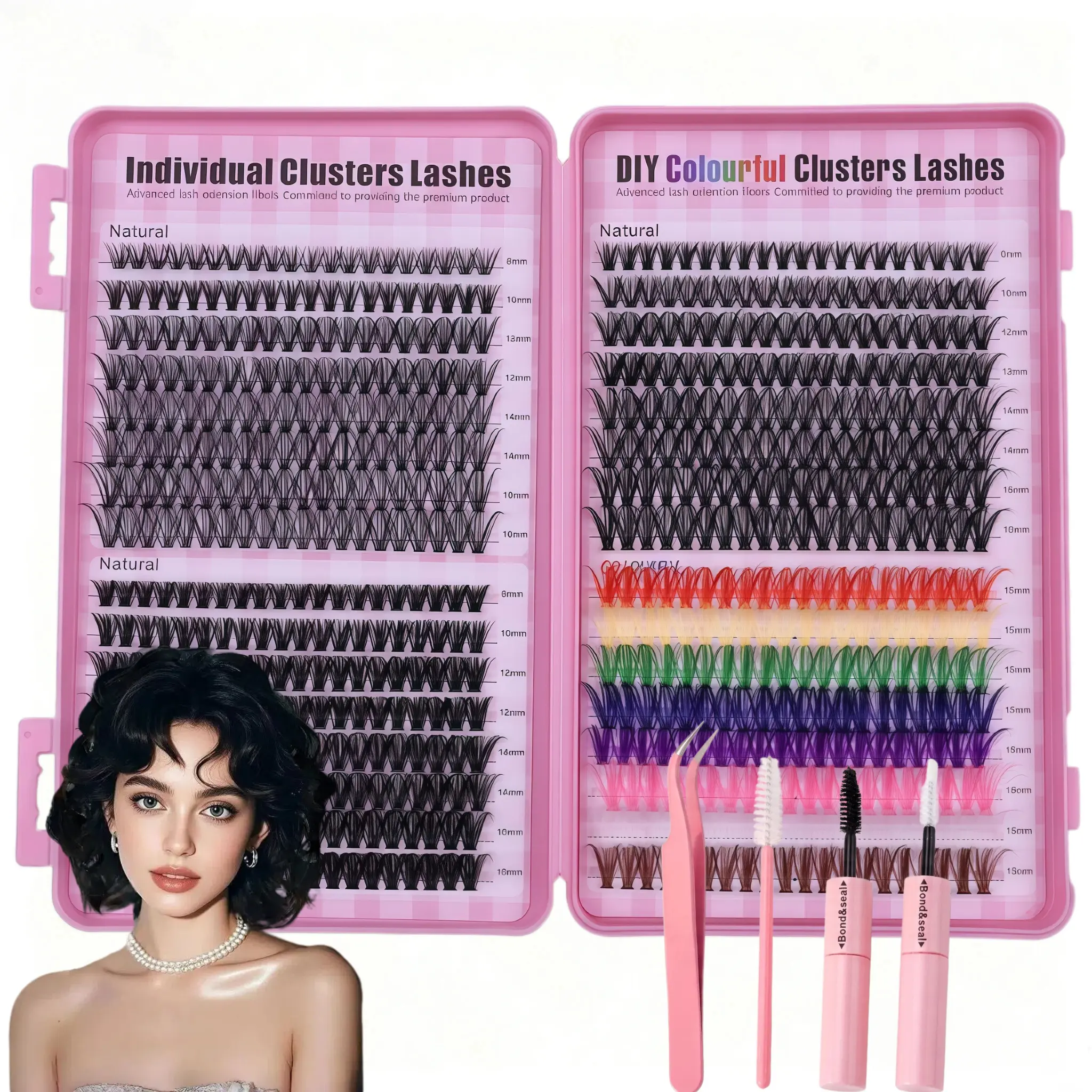 Lash Cluster Kit with Eyelash Extensions - 640Pcs Synthetic Fibre D Curl Black & Rainbow Mixed Individual Lashes, 4 Styles 9-16mm Wispy Mink, Bond, Seal, Tweezers for At-Home Daily & Party Makeup