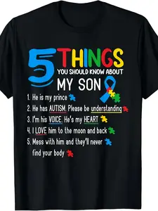 Autistic Son Autism Awareness Support T-Shirt |   Same style for men and women  summer short-sleeved printed pure 220G Crew Neck Regular Fit All-season Vintage Style