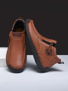 Comfortable Men's Side-Zip High-Top Loafers, Breathable Hand-Stitched Casual Footwear, Walking Shoes