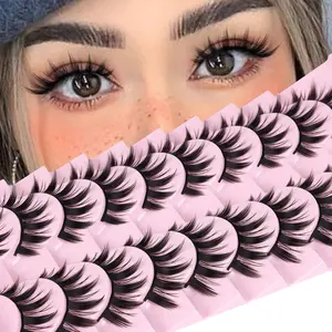 False Eyelashes 10 Pairs Manga Lashes Japanese Style Anime Thick Cosplay Lashes Natural Look 16MM Spiky 8D Wispy Faux Mink Lashes Full Strip Doll Lashes