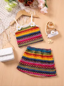 Toddler Girl's Random Floral Print Crop Tank Top & Skirt Two-Piece Set, Boho Sleeveless Top & Skirt for Beach Vacation Holiday, Kids Summer Clothes, Outfit