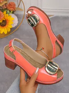 Women's Plus Size Vintage Metal Buckle Fish Mouth Chunky Heel Sandals, Comfortable Commuter High Heels, Versatile Summer Shoes