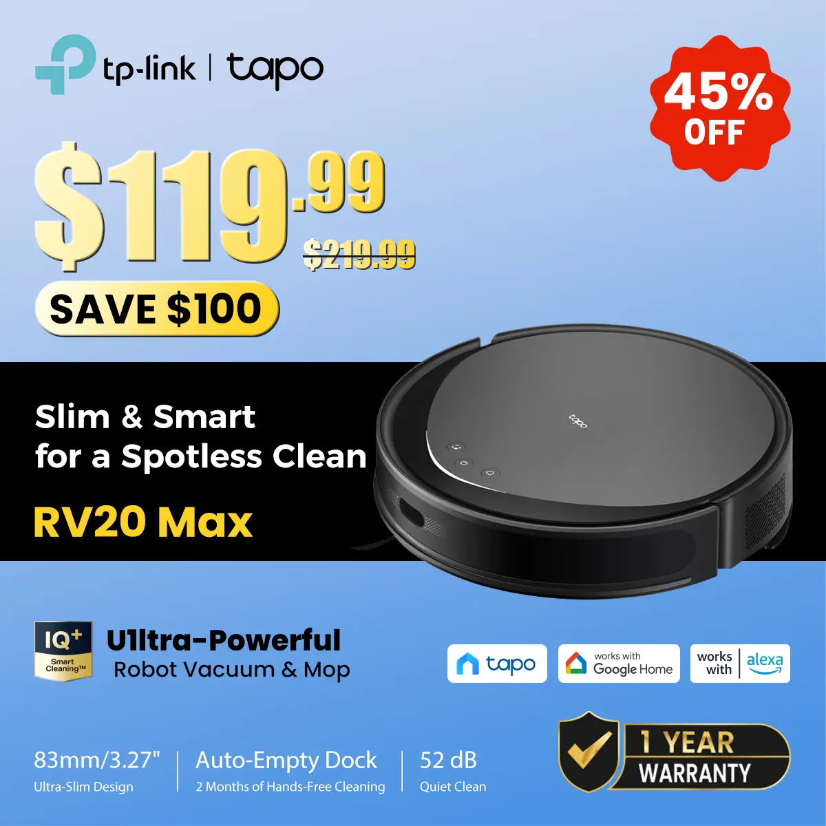 TP-Link & Tapo RV20 Max MagSlim LiDAR Robot Vacuum & Mop – 5300 Pa Hyper-Suction, 3.27" Ultra-Slim , 97 %+ Dust Pickup, Carpet Boost & Avoid, 2D/3D Mapping, Alexa & Google Ready,dorm essentials,home essentials
