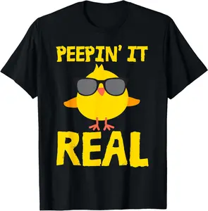 Peepin' It Real Funny Cool Chick Peep Chickens Easter Pun T-Shirt Pure Cotton Graphic Tees Menswear Top: Gifts for Men & Women