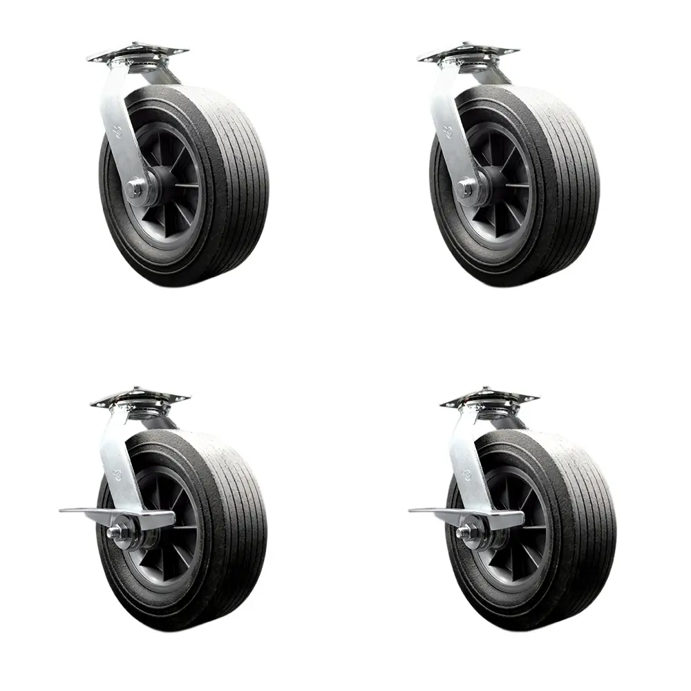 Service Caster Series No.100 Industrial Grade BBQ Smoker Grill Caster Wheel Set - 10 in., 4 Swivel with Side Lock Brakes, Flat Free All Terrain Solid Rubber, Easy Roll, Maintenance Free, 4 Wheels, Bbq Enthusiasts