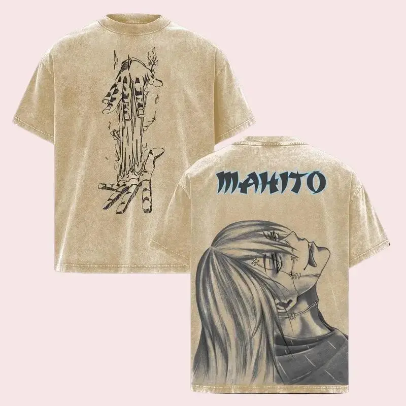 Jujutsu Kaisen Mahito Anime Double Printed Vintage Washed Tee Unisex Oversize Heavyweight Cotton T-shirt for Anime Fans and Lovers mar  ca  der  opa