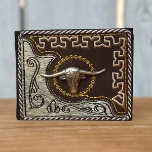 Brown Leather Western Wallet with Bull Emblem, Genuine Cowhide, and Greek Key Embroidery