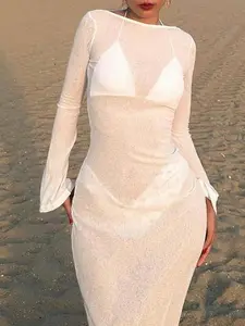 Apperloth Studio Women's Sheer Beach Cover Up Long Sleeve Crew Neck Flare Cuff Maxi Dress Swimwear Cover Up for Summer