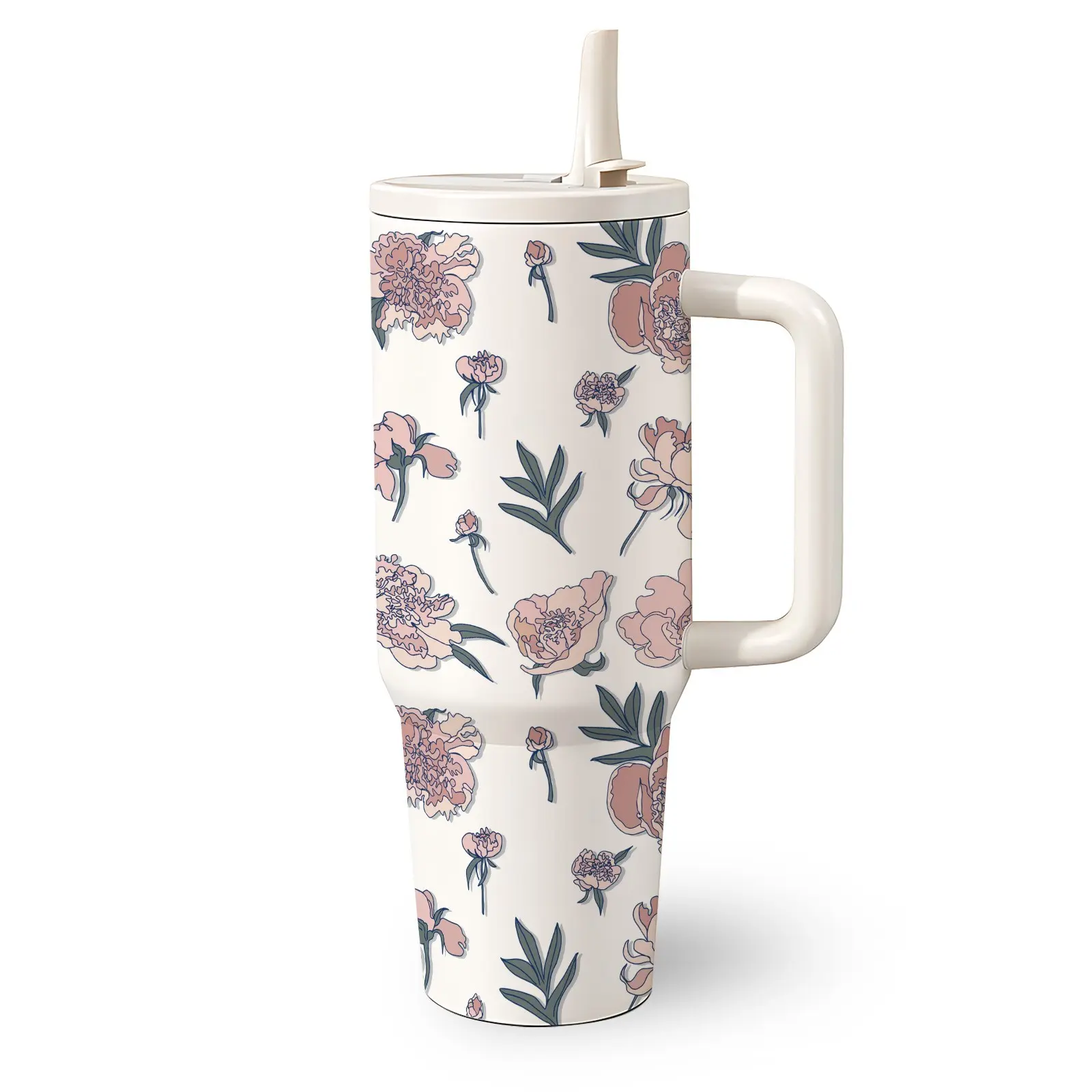 1 Pc 40 Oz Stainless Steel Water Cup with Handle and Straw, Tumbler, Insulated Travel Tumbler, Vintage Pink Peony Floral with Leaf Design, Double Wall Insulated Thermal Mug, Hot 12H/ Cold 24H, Drinkware, Mother’s Day, Birthday and Holiday Gift