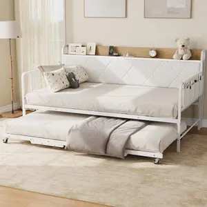 Summervibes Flash sale home items Modern Twin Daybed with Trundle & LED Light, Upholstered Headboard with Charging Station, Sturdy Metal Frame Sofa Bed, Multi-scene Use for Bedroom, Living Room & Guest Room, Black Iron Frame with Gray Linen Backrest