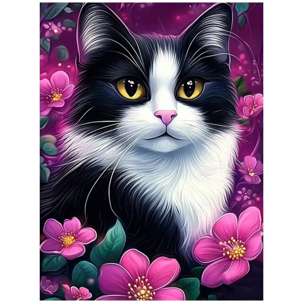Multiple sizes available including diamonds, 5D DIY diamond painting set diamond art embroidery kit handmade furniture decor holiday birthday art personalized gift, Handmade Gifts, Purple tuxedo cat with pink flowers wall art Diamond Painting Kits