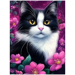Multiple sizes available including diamonds, 5D DIY diamond painting set diamond art embroidery kit handmade furniture decor holiday birthday art personalized gift, Handmade Gifts, Purple tuxedo cat with pink flowers wall art Diamond Painting Kits