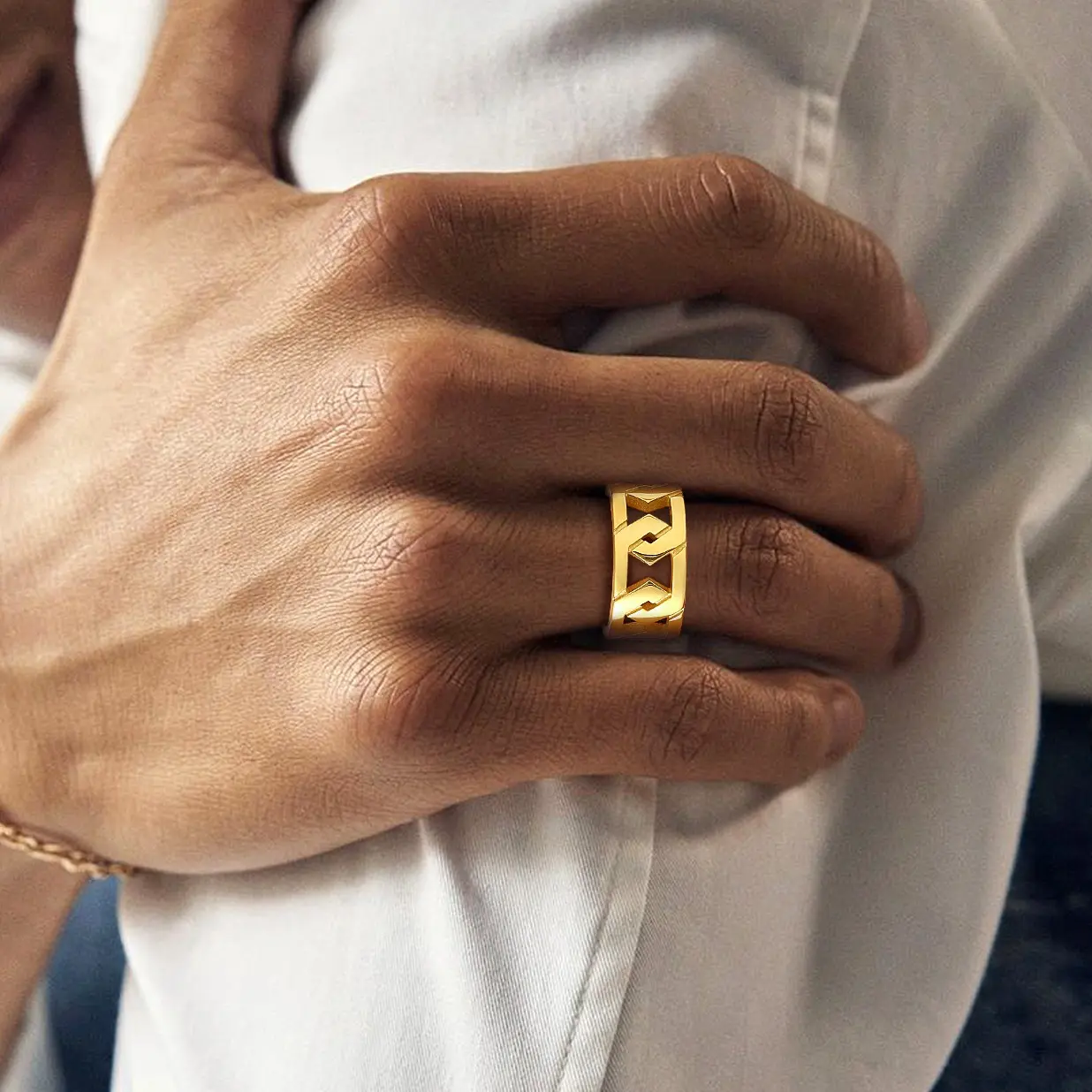 U7 Hexagonal Link Chain Fashion Ring, Hip Pop Artificial Gemstone Jewelry for Men, Fashion Rings