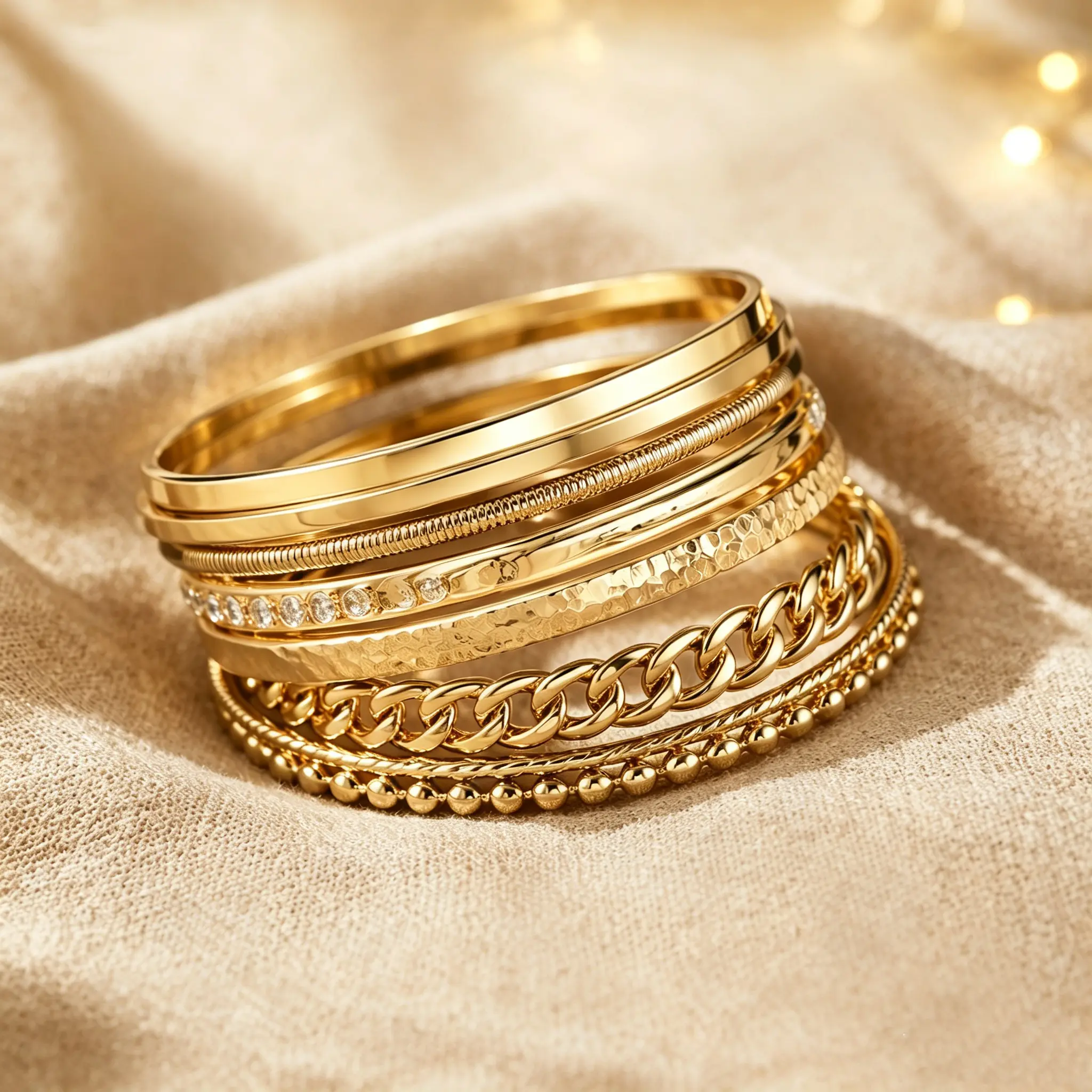 Stackable Gold Plated Bangle Set for Women – Multi‑Layer Textured Indian Bangles, Chunky Boho Jewelry