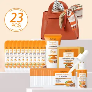 QUIYUM Turmeric Vitamin C Skincare Set with Cleansing Soap, Clay Mask, Serum, Sleeping Mask & Sunscreen, Deep Cleansing & Brightening, Glow Kit, Daily Beauty Routine Kit