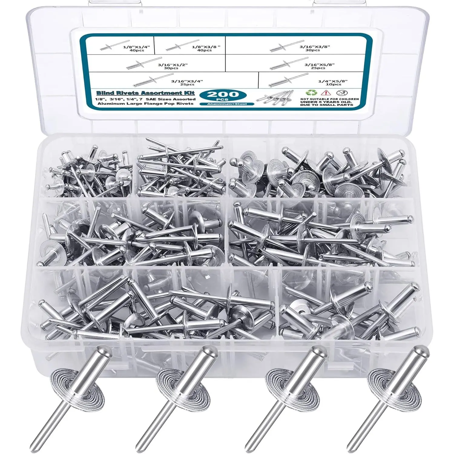 200 count Pop Rivets Assortment Kit, Large Flange  Rivets(1/8" 3/16" 1/4") Assorted Blind Rivets with Case