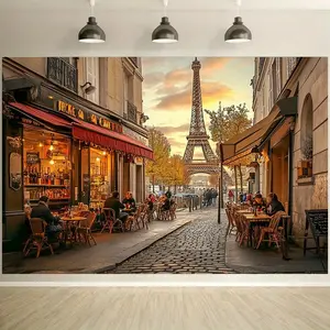 Romantic Paris Street Scene Backdrop with Eiffel Tower, Cozy Cafes & Warm Sunset Hues - Perfect for Party Decoration, Home Decor & Travel-themed Gifts