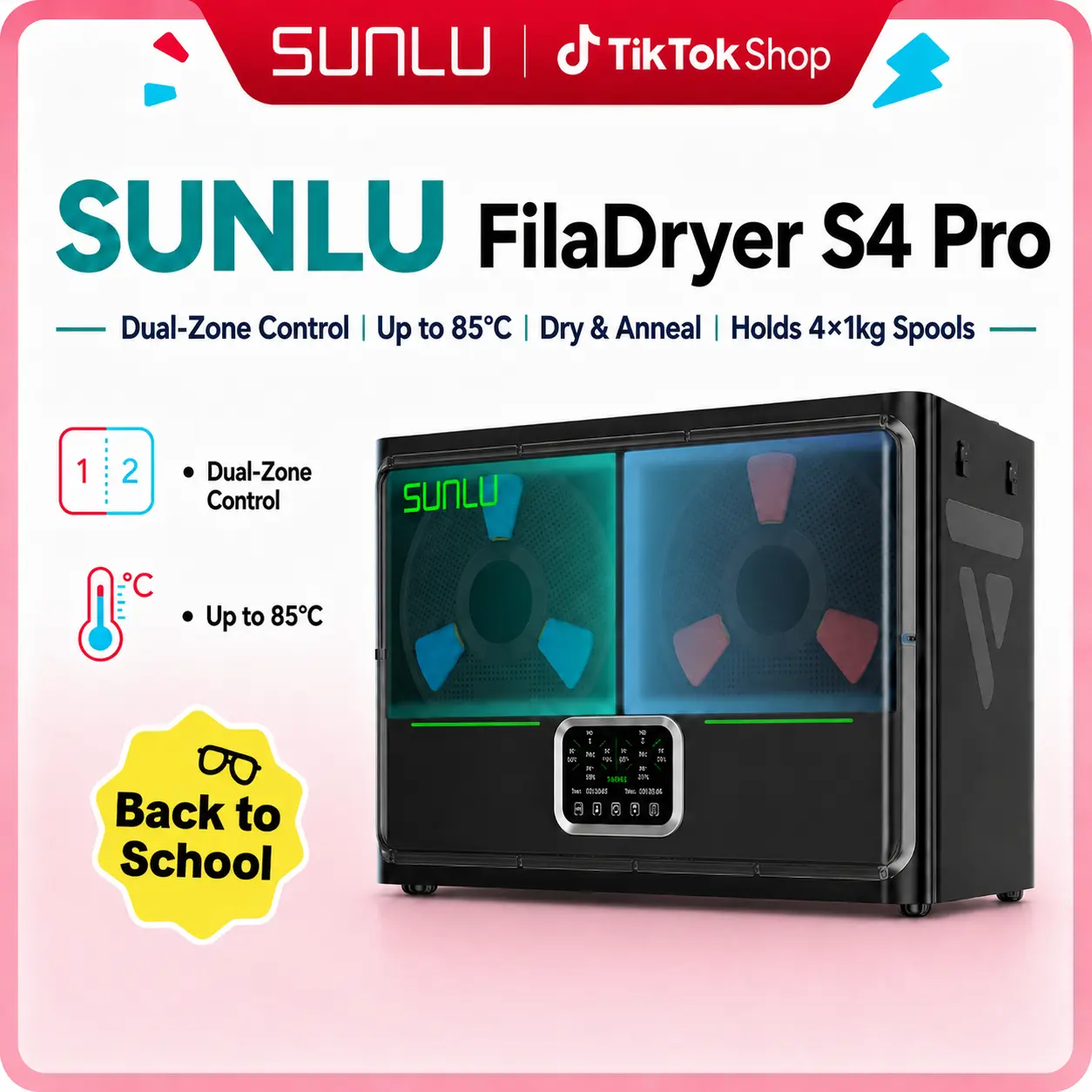 SUNLU FilaDryer S4 Pro, Dual-Zone Filament Dryer with Independent Temperature & Time Control, 85℃ Max Temperature, Drying & Annealing 2-in-1, Fits 4 × 1kg Filament Spools tiktokshopbacktoschool