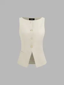 Cider Woven Boat Neck Solid Button Vest
