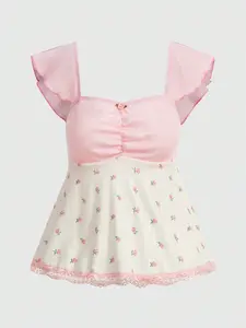 ROMWE Kawaii Floral Print Tee, Ruched Bust Lace Trim Top, Cute Vintage Short Sleeve Shirt, Soft Casual Aesthetic Blouse