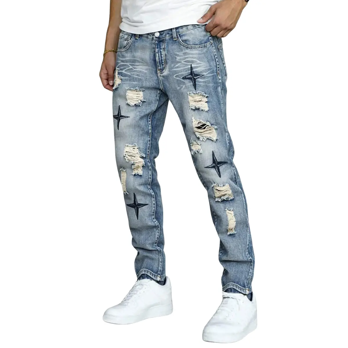 Men's Street Style Jeans with Star Embroidery, Chic Mid Waist Straight Fit Distressed Denim Trousers with Pockets