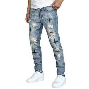 Men's Jeans with Star Embroidery, Mid Waist Straight Fit Street Style Distressed Denim Trousers for Casual Menswear