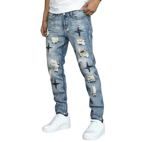 Men's Mid-Waist Straight Fit Distressed Denim Jeans - Stylish, Street Style, Chic, Alternative Men's Jeans, Star Embroidery, Pockets, Premium Lightweight All-Season Fabric, Thanksgiving, Valentines Day