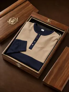 Men's Fashion Casual Business Long Sleeve Henry Shirt, High-End Colorblock Waffle Knit Henley Tee, Breathable Warm Comfort