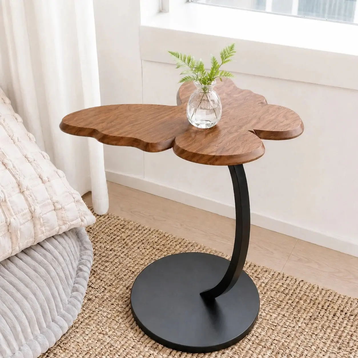 Butterfly-shaped Side Table, Modern Walnut Snack Table with Elegant Metal Pedestal Base, Compact Accent Table for Bedroom, Lounge & Apartment