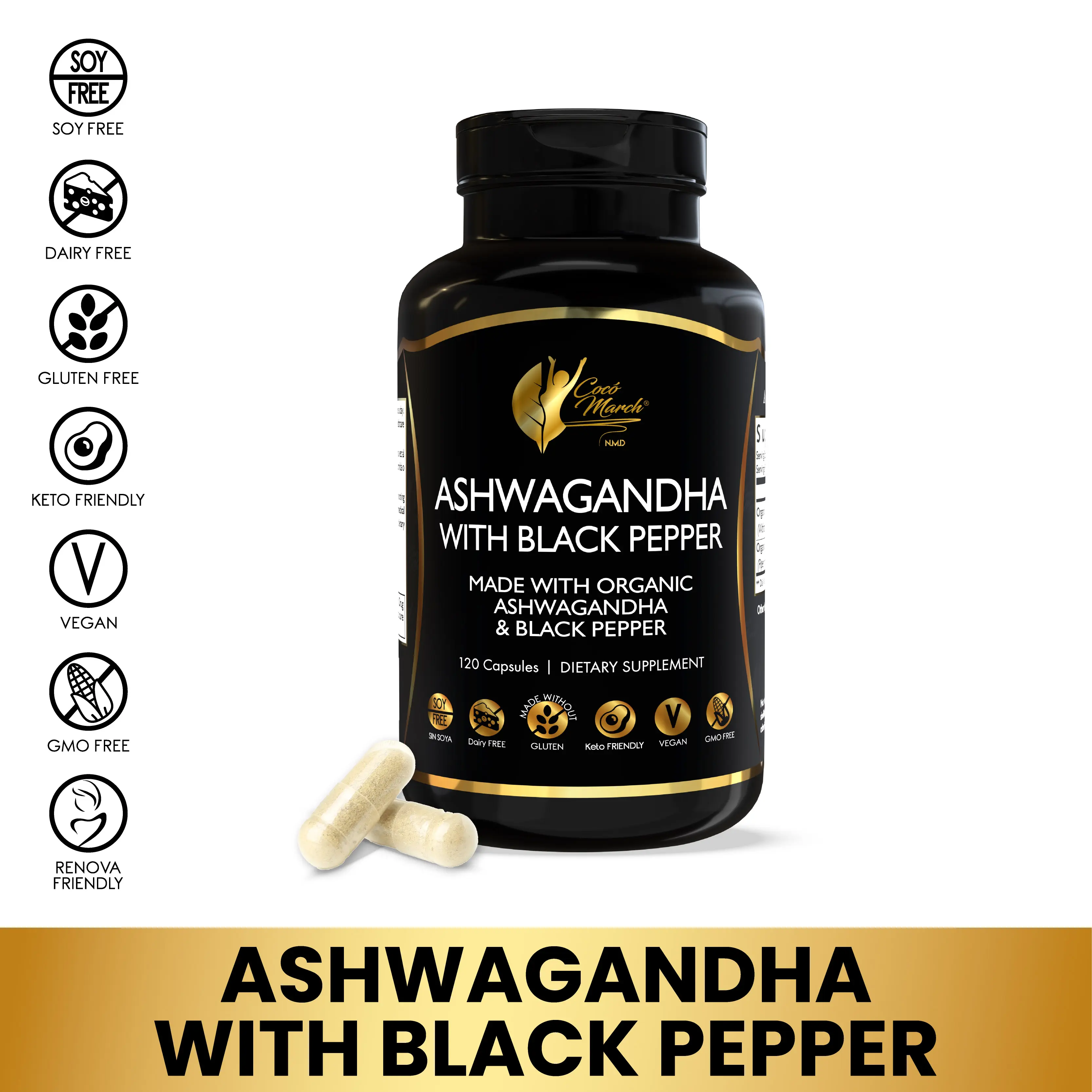 Cocó March N.M.D Ashwagandha with Black Pepper Vegan Supplement for Stress Balance & Sleep 120 Capsules