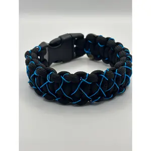 Handmade Cobra Knot Paracord Bracelet – Black with Blue Metal  Stitched Accent