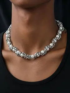 Punk Style Pearl Necklace, Twisted Rope Silver Color Chain, Unisex Hip Hop Collarbone Pendant, Fashion Jewelry for Men and Women
