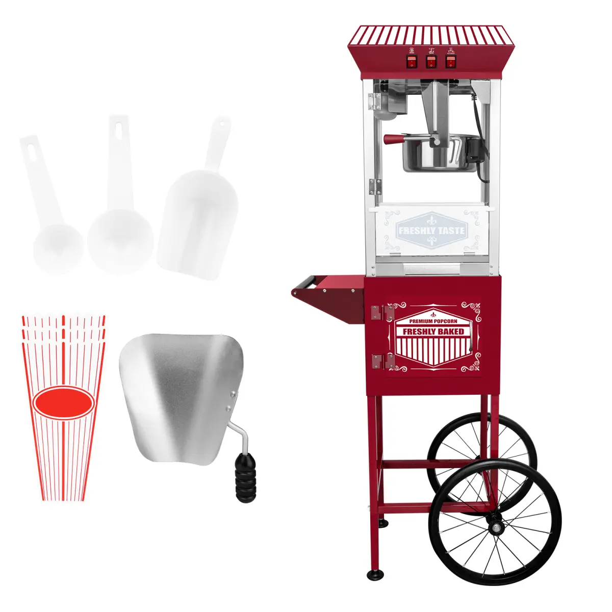 12oz Antique-Style Portable Popcorn Machine Set with Rolling Cart, Large Stainless Steel Kettle, 800W Motor, Bicycle-Style Wheels, Tempered Safety Glass, Warming Deck, Kernel Tray, Scoop, Compartment - Professional Home Theater Popper, Sturdy, Silent, Com