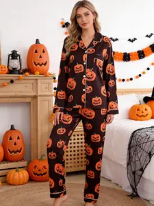 Women's Halloween Pumpkin Face Pajama Set, Long Sleeve Button Front, Elastic Waist, Comfortable Milk Silk, All Seasons Home Wear