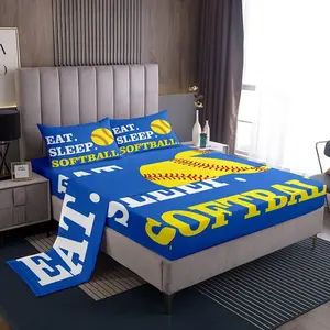 Feelyou Softball Bedding Sheets Set - Soft Breathable soft bed blanket, Multi-Size, Ball Theme Sports Motif, Bright Blue & Yellow Kids' Room Decor