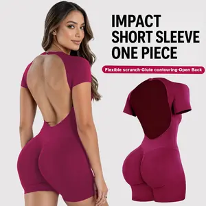 DEEFY Impact Short Sleeve One Piece Women's Seamless Workout Unitard Tummy Control Butt Lifting Short Sleeve Yoga Romper