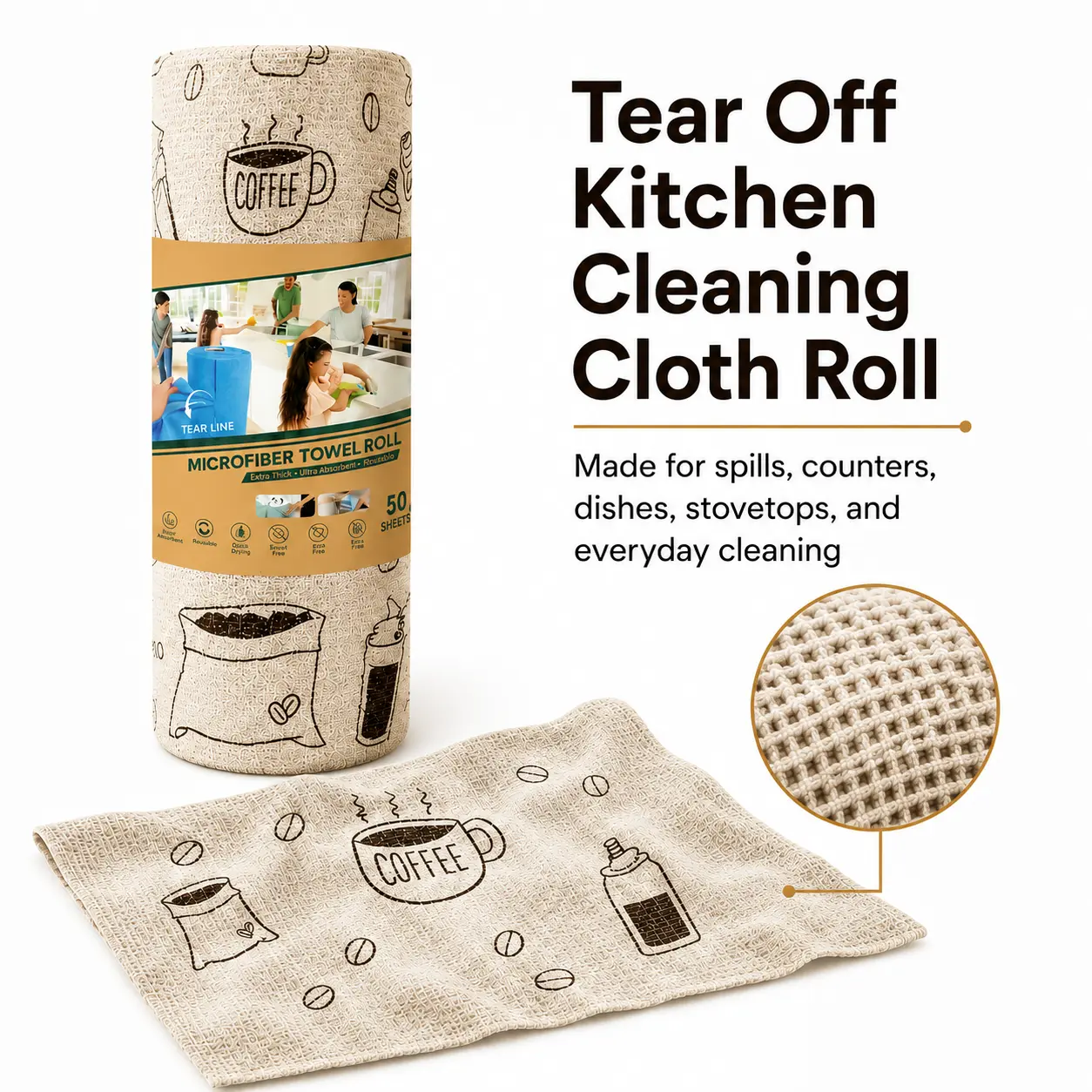 Reusable Tear-Off Kitchen Cleaning Cloth Roll - GOTS-Certified House Cleaning Supplies, 20 Simple Basic Absorbent Long-Lasting Sheets, Multi-Purpose Cloths for Countertop, Desk, Sink (Disposable Option Available)