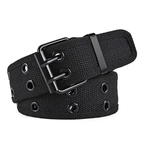 Men's Edgy Style Adjustable All-Black Canvas-Tactical Belt - Sports & Outdoor Fitness Belt with 3D Woven Nylon-Polyester Webbing, 3D Breathable Woven, Rivet Detailing, Double Row Metal Eyelets (Biker), Adjustable Belt