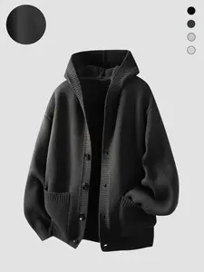 Men's Hooded Knit Cardigan, Deep Versatile Color, Ribbed Details, Dual Pockets, Casual Fall & Winter Wear, Multiple Colors Available