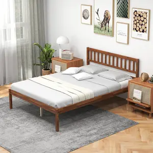 Spaco Walnut  Solid Wood  Bed Frame with headboard / Solid Wood Foundation with Wood Slat Support / No Box Spring Needed / Easy Assembly, Rustic Pine