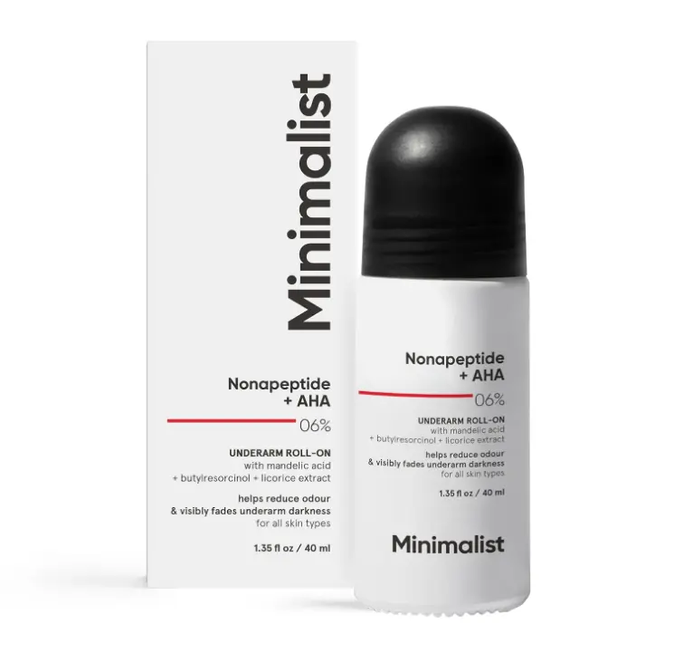 Minimalist Nonapeptide + AHA(Mandelic Acid) 06% Underarm Roll On Deodorant | Control Odour & Fade Darkness, Excess Sweat | Antiperspirant, Aluminium Free & Fragrance Free | 1.35 Fl Oz / 40 ml