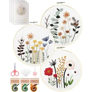 Z-SMA21 3 Sets Embroidery Kit,Cross Stitch Kits for Beginners,Needlepoint Kits for Adults with Easy Floral Pattern Hand Crafts,Hoop,Needle,Mothers Day Gifts
