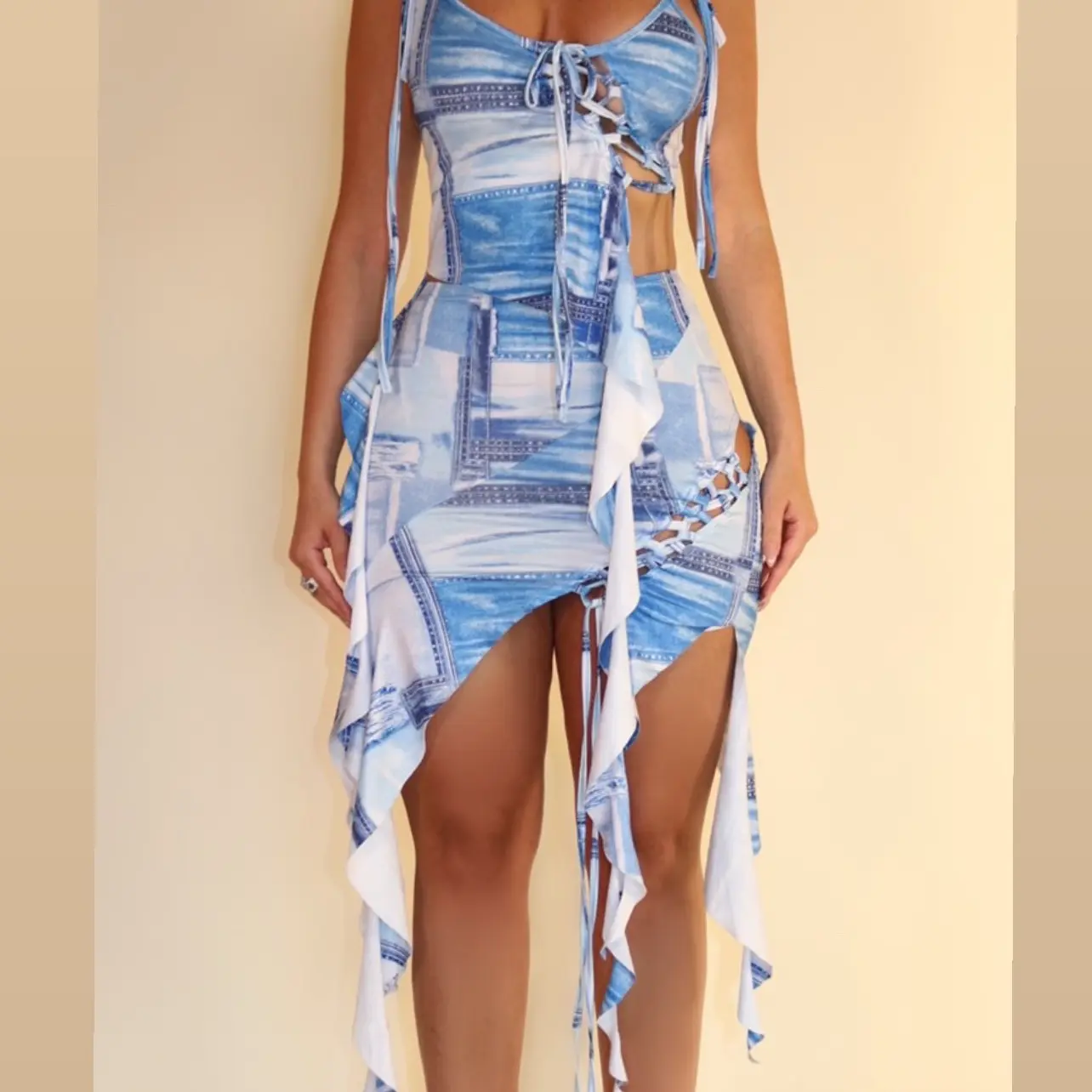 2 piece set Cropped Top Mini Skirt Stretchy 95% Polyester 5% Spandex